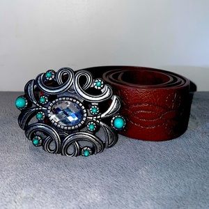 Women’s Leather Belt with Rhinestone Embellished Buckle